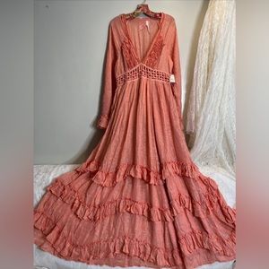 Free People Seraphina Metallic Ruffles Lattice Cutouts Maxi Dress